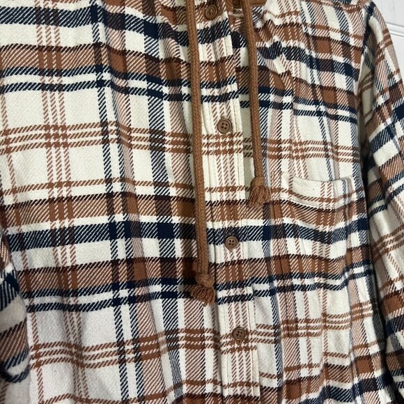 American Eagle Hooded Flannel Plaid Brown Cream Navy Fall Size XL Cozy Boyfriend - Picture 3 of 10